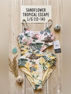 NWT Sandflower Tropical Cut-Out One Piece Swimsuit Landscape Print Large